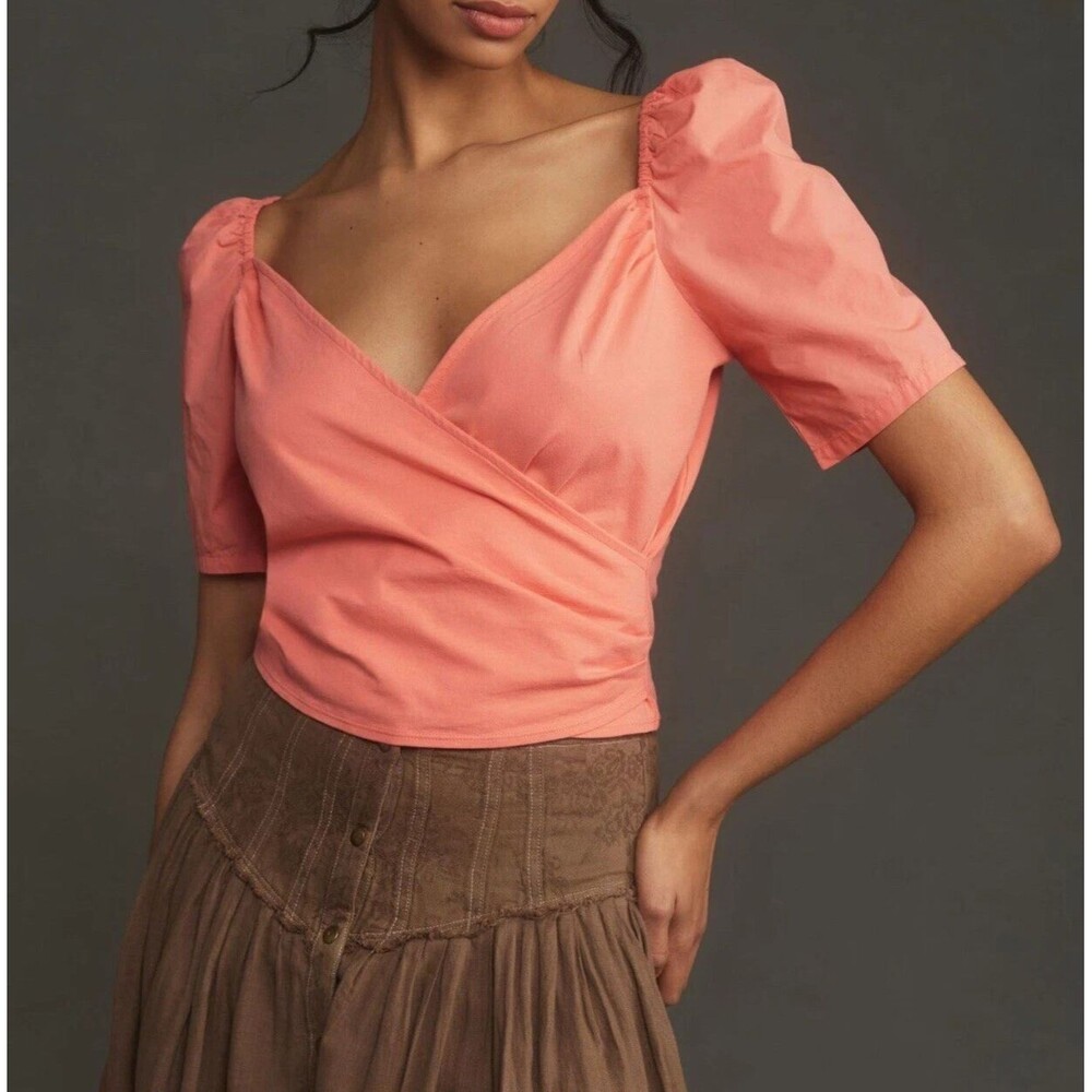 By Anthropologie Puff-Sleeve Wrap Blouse Cropped Top Pink Classic XS NWT 280179